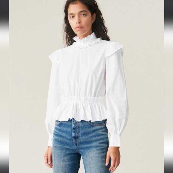 SOLD Cotton Poplin Cropped Blouse White High Neck Ruffle Peasant Coquette 42 - Picture 1 of 12